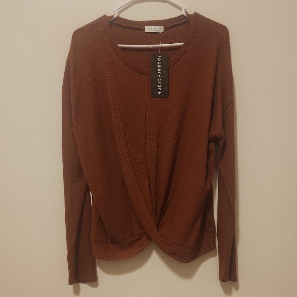 Paper Crane Rust Waffle Knit Twist Front Top